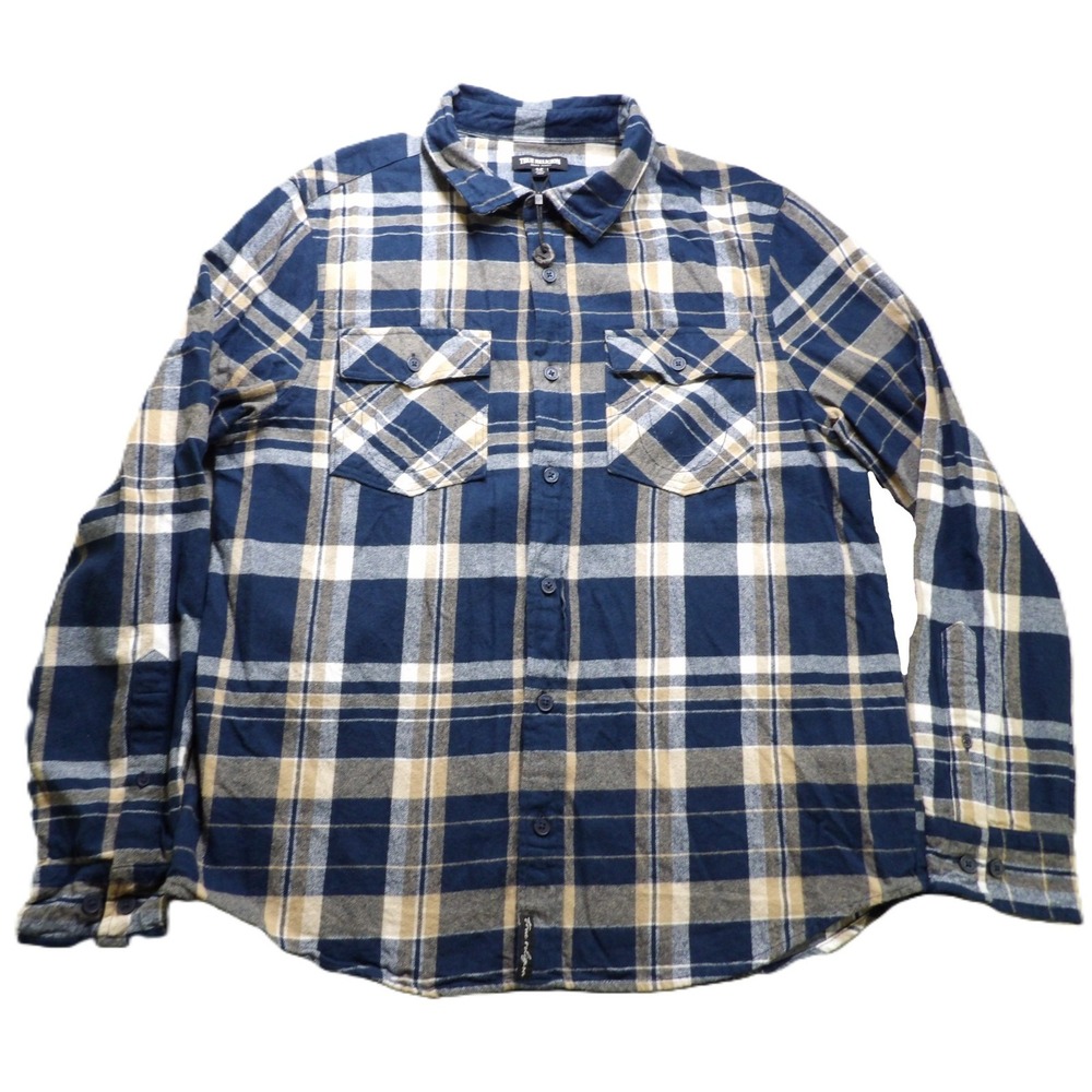 NWOT True Religion Men L Dress Blue Travertine Plaid Workwear Flannel Shirt LS